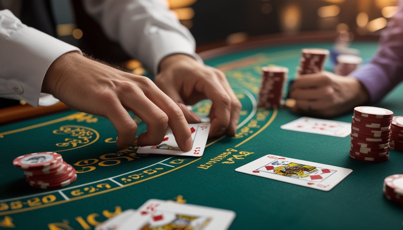 Meja blackjack Eropa dengan kartu dan chip, seorang pemain menghitung kartu di kasino.