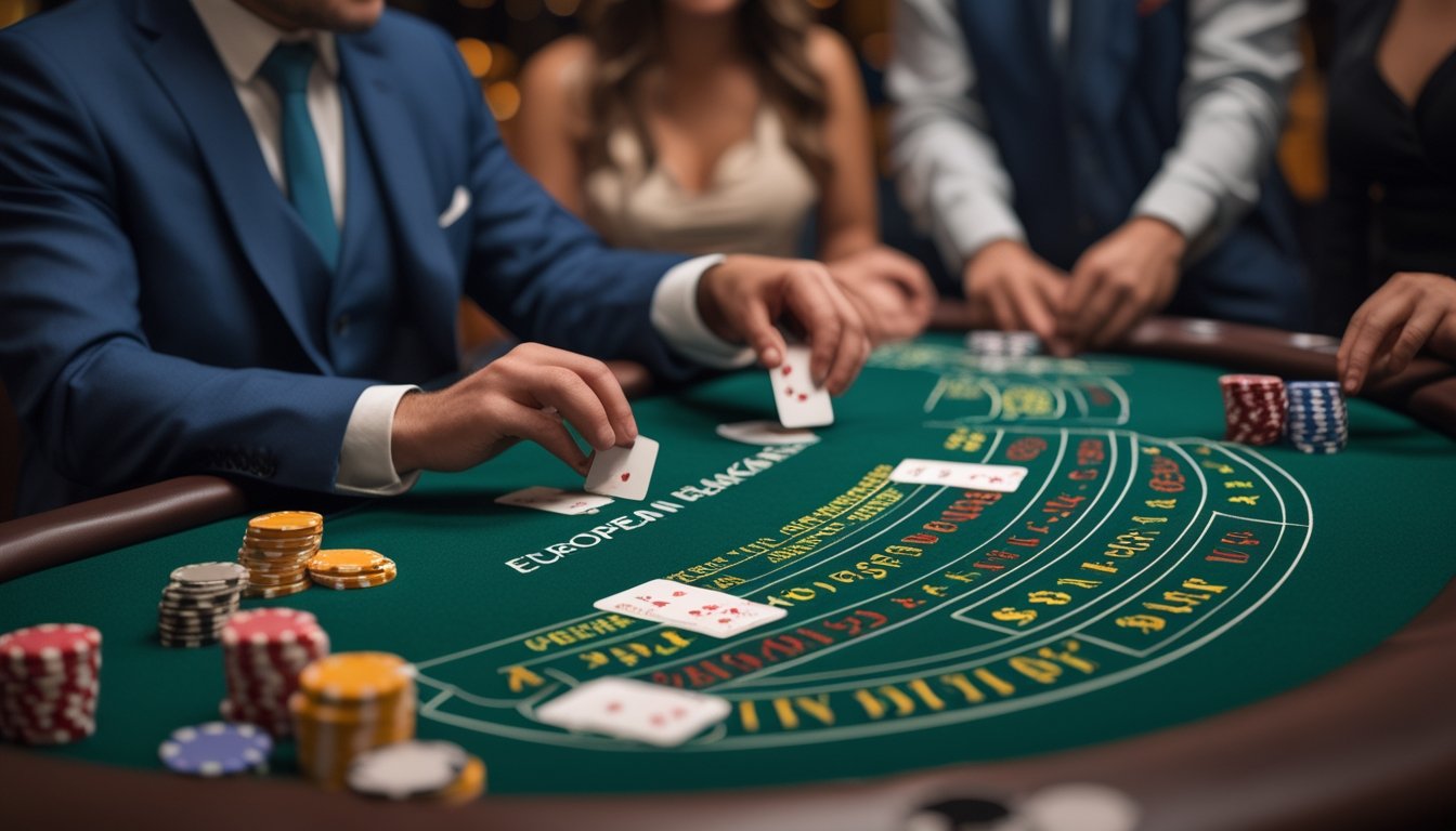 Meja blackjack Eropa dengan dealer dan pemain yang sedang memasang taruhan di kasino.