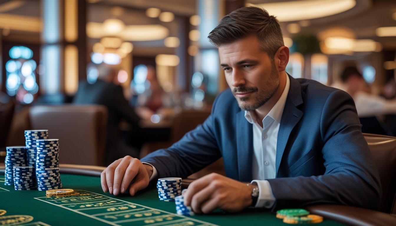 Seorang pria dewasa duduk di meja European Blackjack di kasino, sedang mengatur tumpukan chip taruhan dengan fokus.
