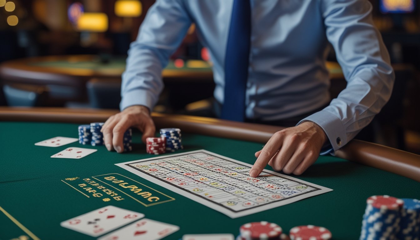 Seseorang sedang menganalisis peluang menang European Blackjack menggunakan diagram strategi dasar di meja kasino.