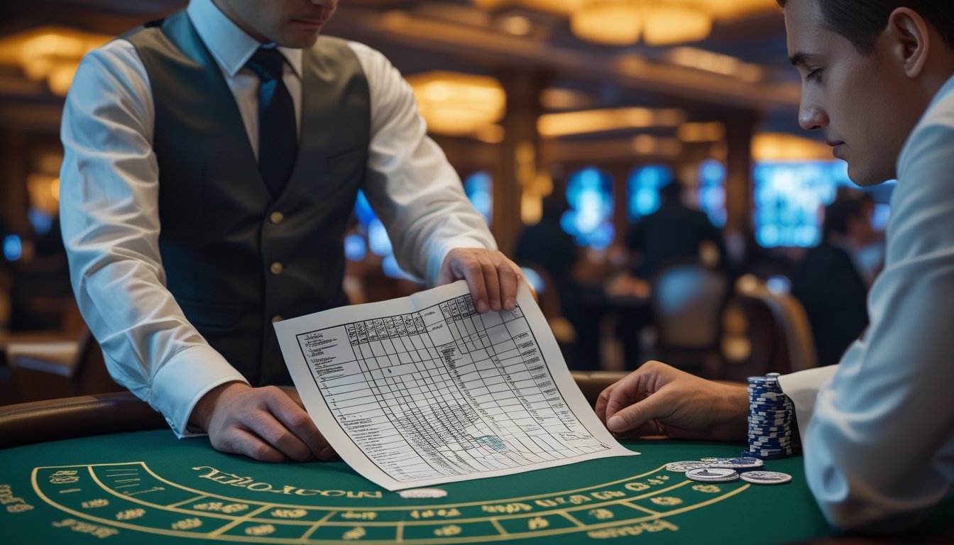 Seorang pemain dan dealer sedang bermain European Blackjack di meja kasino dengan kartu dan chip, pemain terlihat fokus mempelajari strategi dasar.