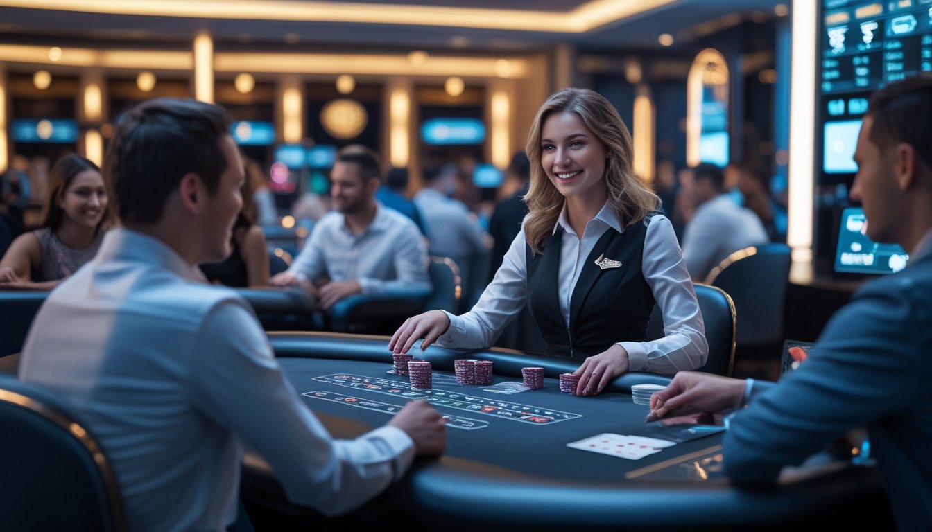 Seorang dealer perempuan profesional sedang membagikan kartu di meja blackjack dengan pemain di kasino modern.