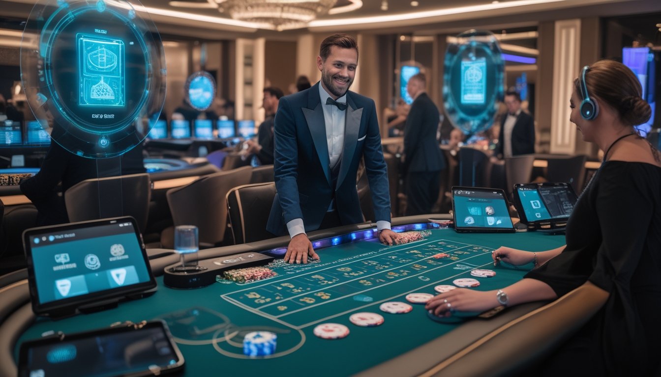 Seorang dealer langsung yang ramah sedang mengelola permainan European Blackjack dengan pemain yang berinteraksi melalui perangkat teknologi canggih di lingkungan kasino modern.