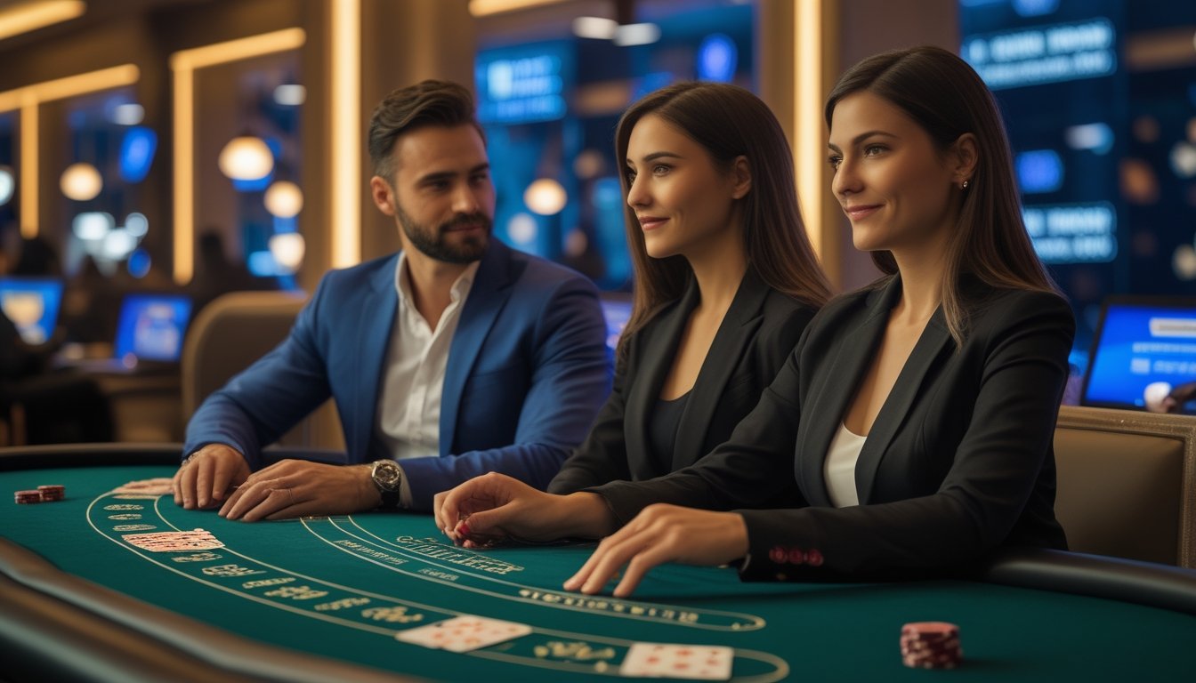 Dua orang dewasa bermain European Blackjack di meja kasino dengan suasana modern dan aman.