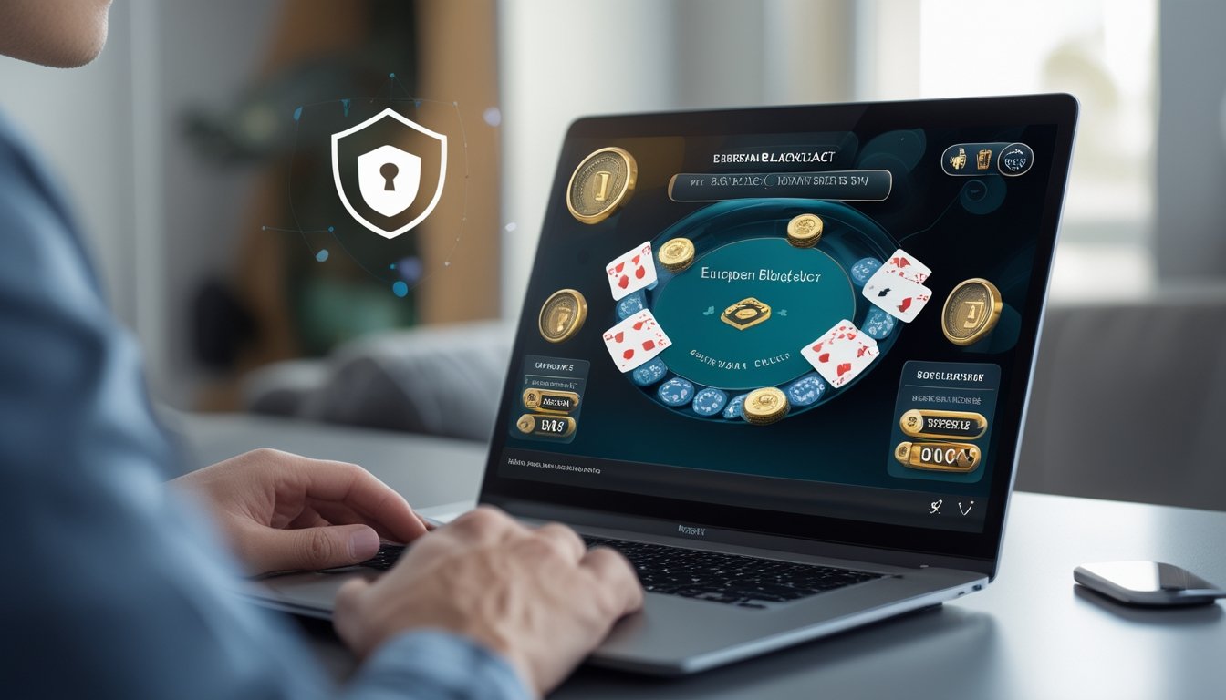 Seorang pemain sedang menggunakan laptop untuk bermain European Blackjack dengan suasana yang aman dan fokus.