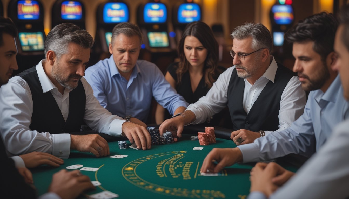 Beberapa pemain sedang bermain European Blackjack di meja kasino dengan ekspresi fokus dan sedikit frustrasi, dealer membagikan kartu di depan mereka.