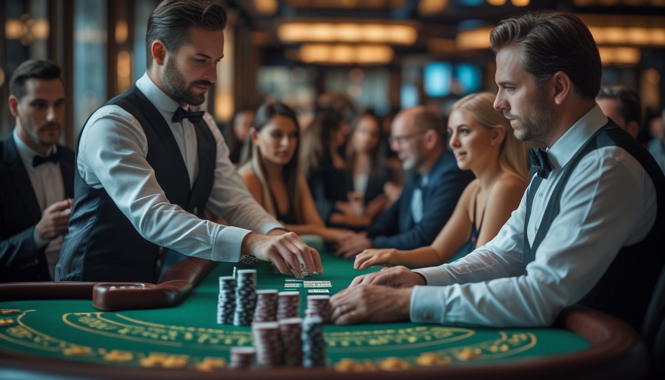 Sekelompok pemain blackjack duduk di meja kasino dengan dealer yang membagikan kartu.