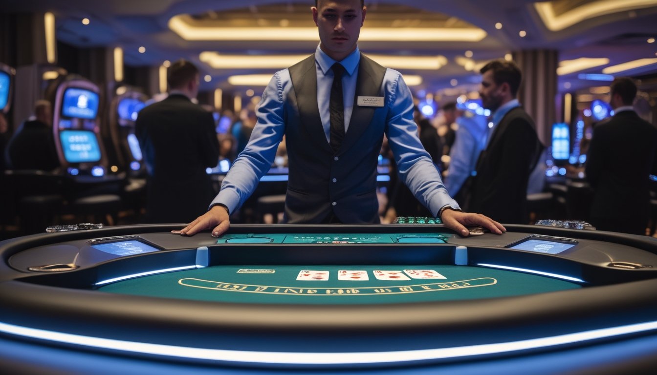 Seorang dealer berdiri di belakang meja blackjack dengan kartu soft 17 di kasino modern, dikelilingi oleh pemain yang memperhatikan permainan.