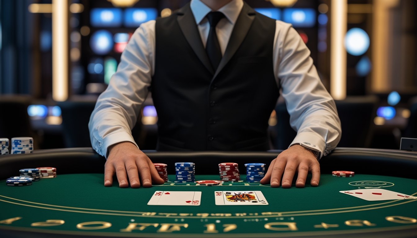 Seorang dealer blackjack menunjukkan kartu soft 17 di meja kasino dengan suasana profesional dan elegan.