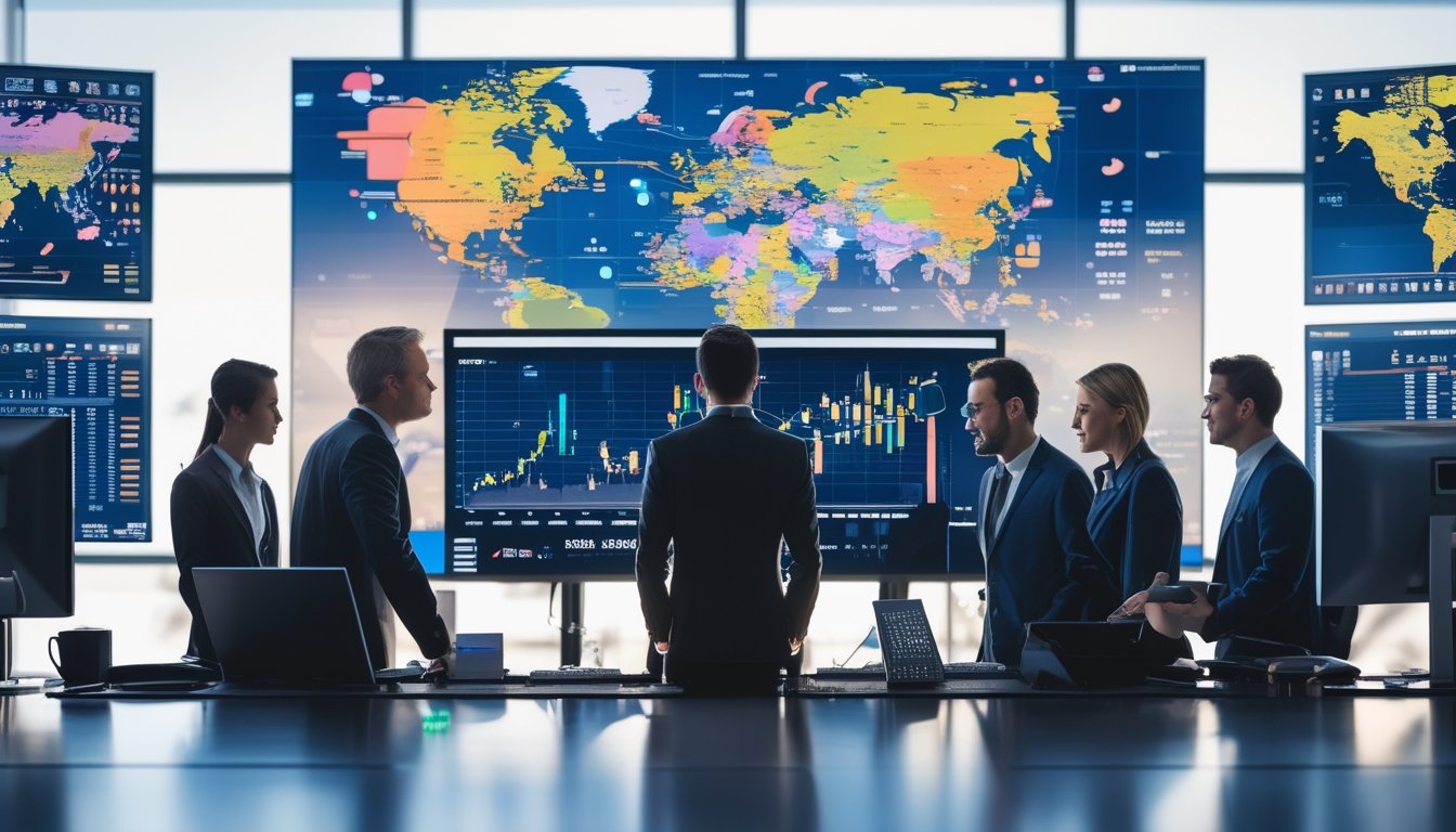 Sekelompok profesional bekerja bersama di kantor modern dengan layar digital yang menampilkan data pasar taruhan global.