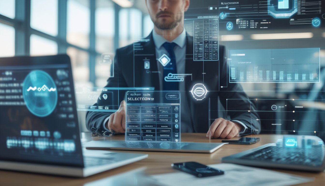 Seorang profesional sedang menganalisis data pada layar digital di ruang kantor modern yang terang dan rapi.