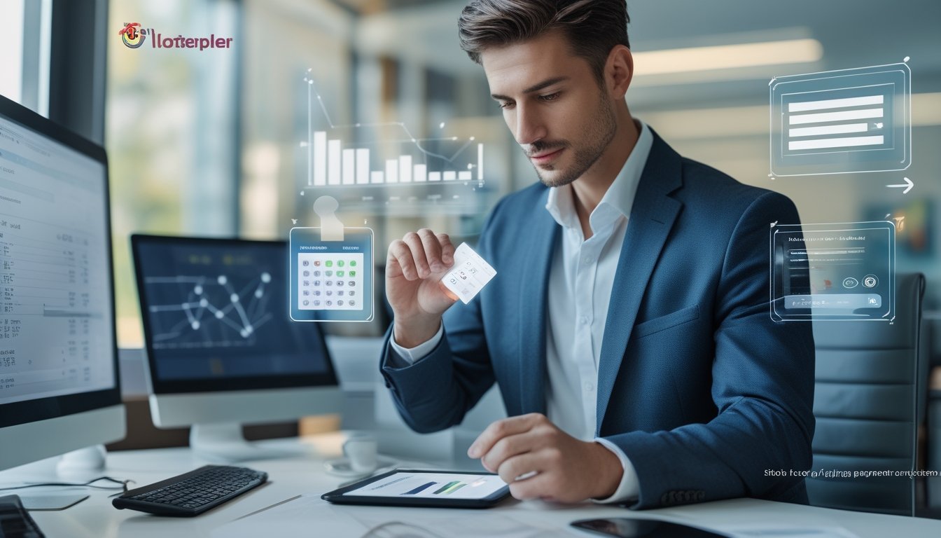 Seseorang sedang menggunakan tablet di kantor modern dengan layar komputer menampilkan grafik keuangan di latar belakang.