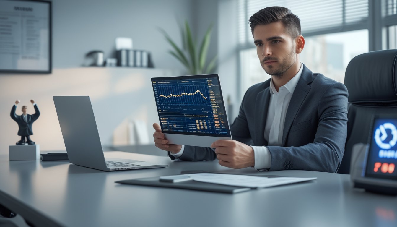 Seorang profesional duduk di meja kantor dengan laptop dan data keuangan, menunjukkan suasana kerja yang serius dan terpercaya.
