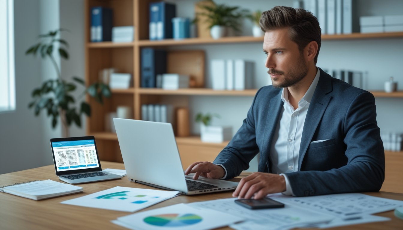 Seorang pria duduk di meja kantor modern sambil menggunakan laptop dan melihat dokumen dengan ekspresi fokus.