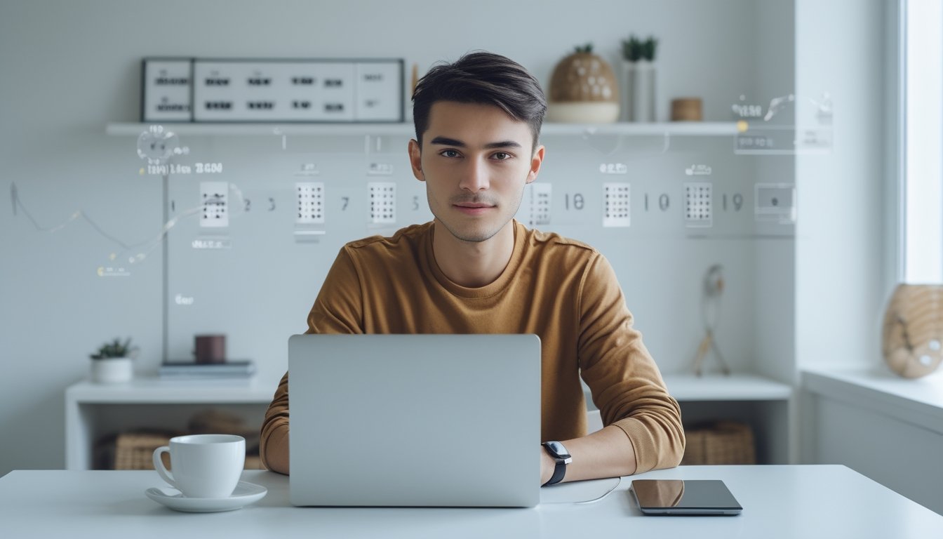 Seorang dewasa muda duduk di meja dengan laptop di ruang kerja rumah yang rapi dan terang, tampak fokus dan tenang saat menggunakan sistem permainan togel online.