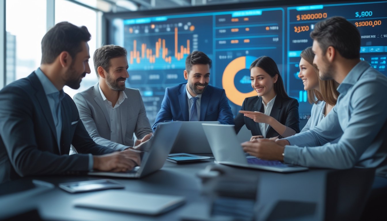 Sekelompok orang sedang berdiskusi di kantor modern dengan layar digital besar yang menampilkan data dan grafik secara real-time.