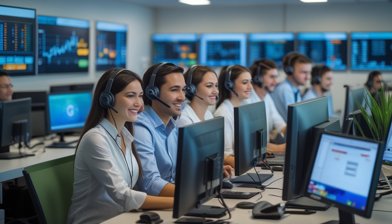 Sejumlah staf layanan pelanggan sedang bekerja di kantor modern dengan komputer dan headset, memberikan bantuan kepada pelanggan.