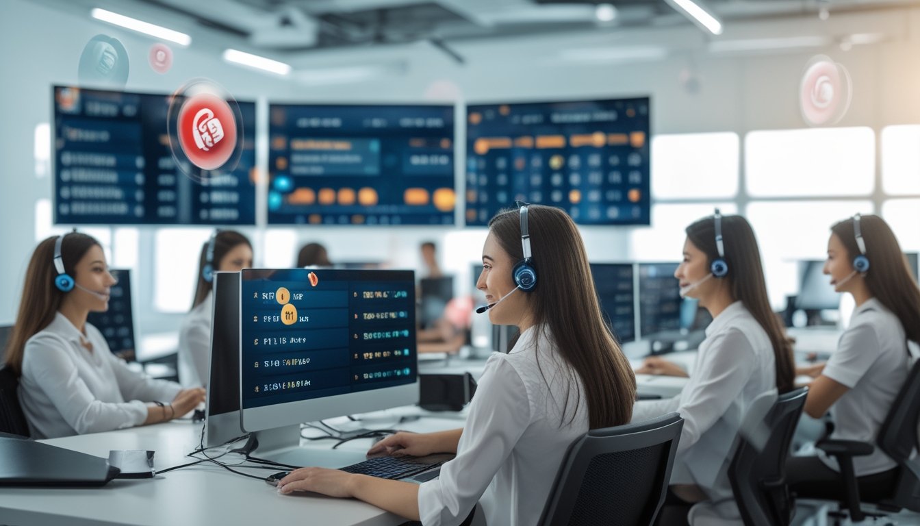 Tim layanan pelanggan yang ramah sedang bekerja di pusat layanan dengan komputer dan headset, menunjukkan suasana kantor yang profesional dan terpercaya.