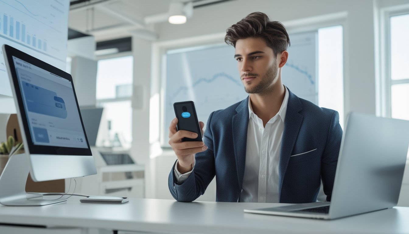 Seorang pria muda menggunakan ponsel pintar di kantor modern untuk melakukan transaksi e-wallet.
