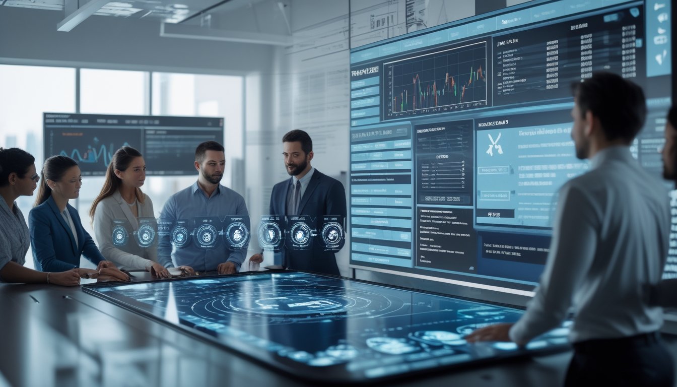 Tim profesional sedang menganalisis keamanan data di kantor dengan layar digital dan grafik keamanan jaringan.