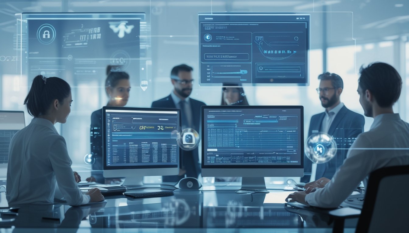 Sekelompok profesional bekerja di kantor modern dengan layar digital menampilkan data keamanan dan simbol enkripsi.