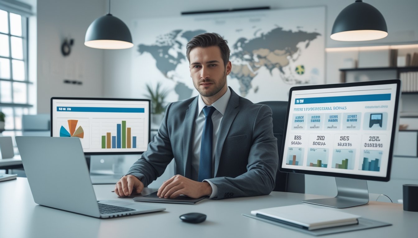 Seorang profesional duduk di meja kerja dengan perangkat digital, menampilkan grafik dan statistik bonus referral dalam suasana kantor modern.