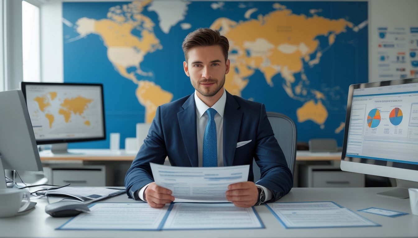 Seorang pebisnis duduk di meja kantor modern dengan dokumen internasional dan layar komputer yang menampilkan data global.
