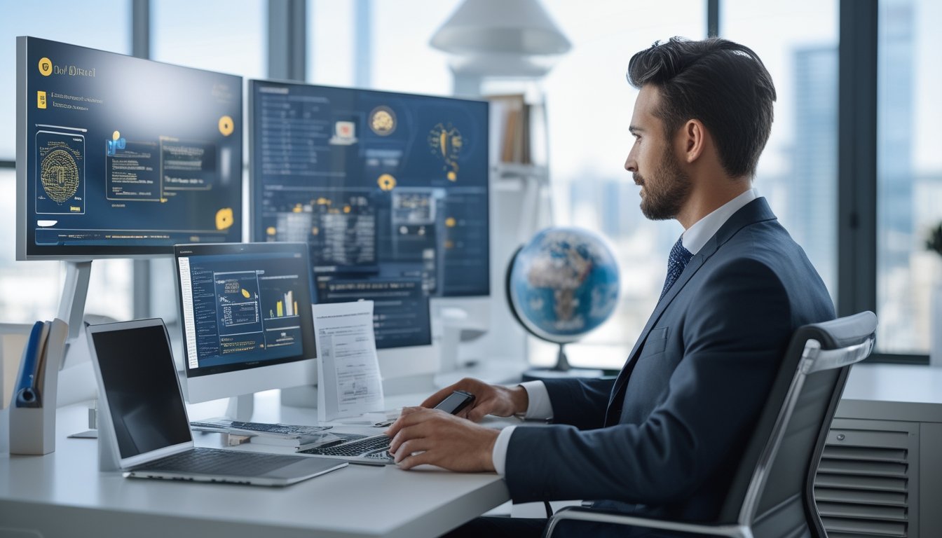 Seorang profesional di kantor modern sedang memeriksa dokumen lisensi internasional dengan beberapa layar komputer dan pemandangan kota di latar belakang.