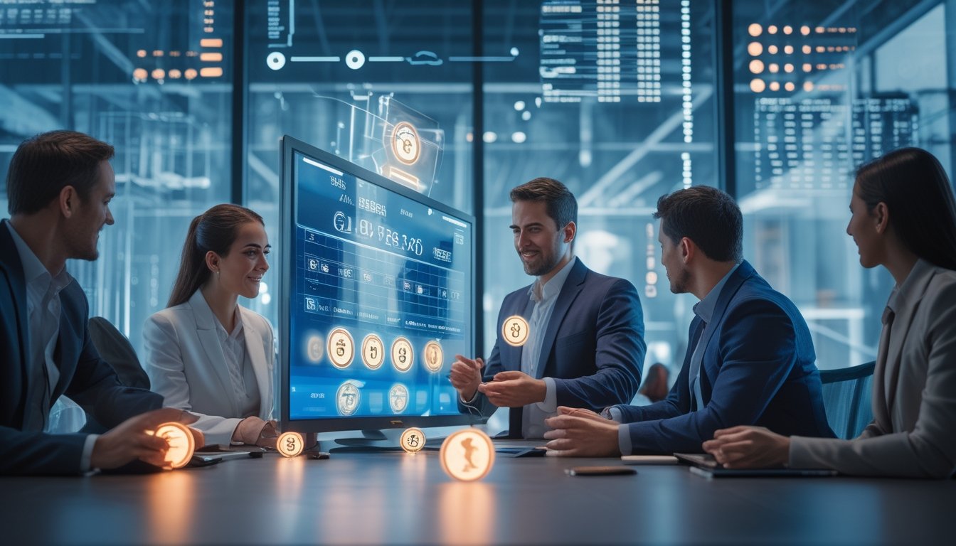 Sekelompok profesional sedang berdiskusi di kantor modern dengan layar digital besar yang menampilkan grafik dan angka terkait lotere.