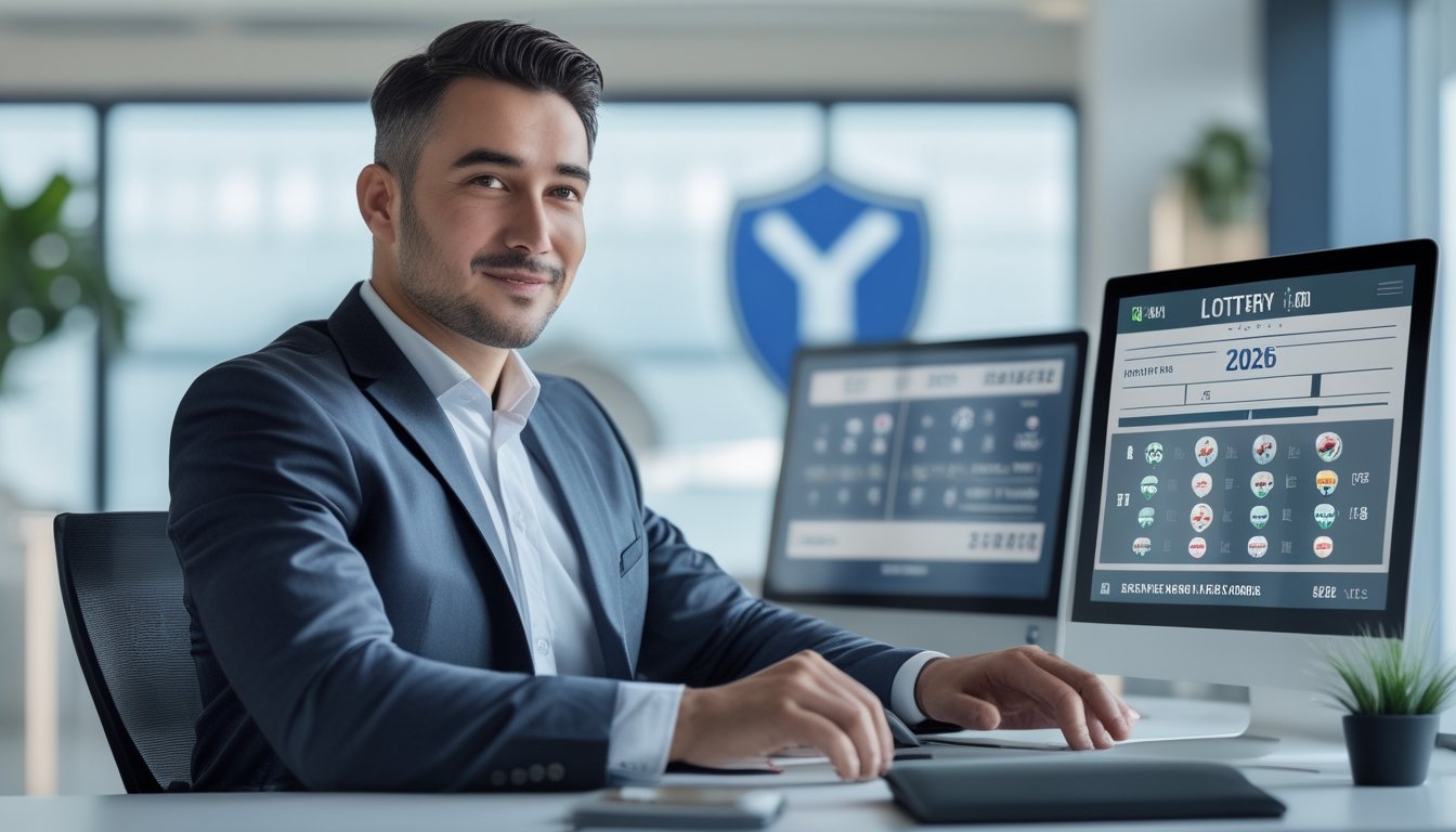 Seorang profesional sedang bekerja di meja dengan laptop dan ponsel yang menampilkan antarmuka lotere, di ruang kantor modern yang terang dan rapi.
