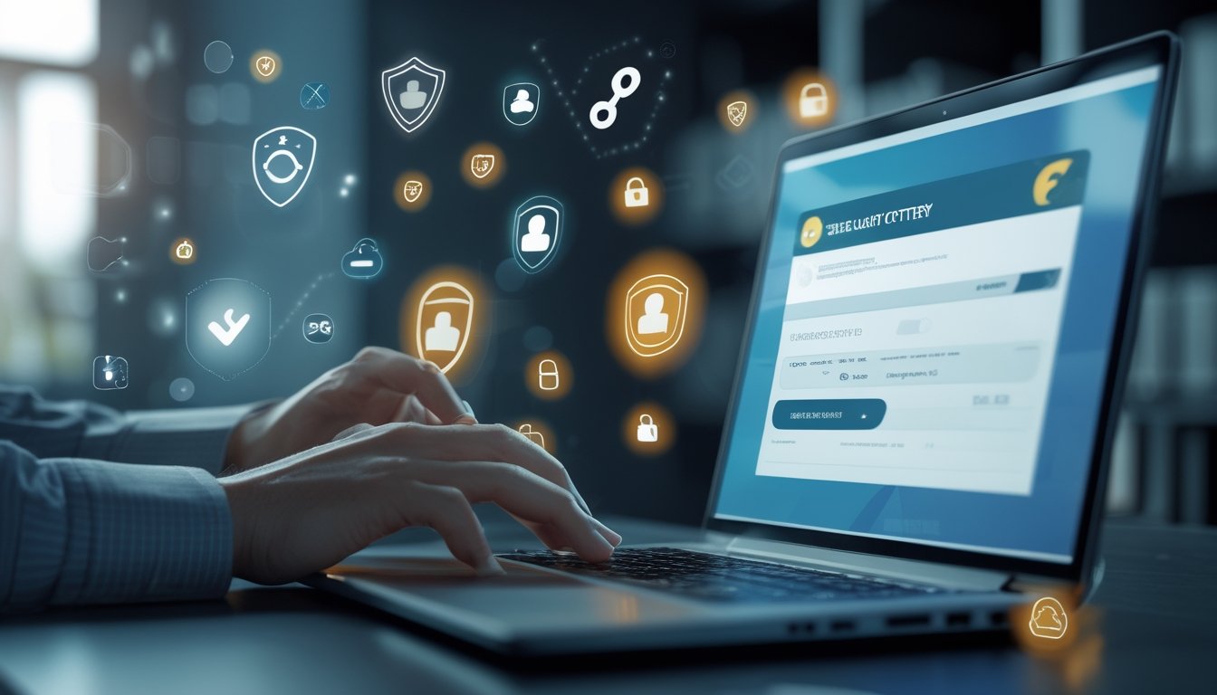 Seseorang menggunakan laptop dengan ikon keamanan digital di sekitar, menggambarkan keamanan situs bandar togel online.