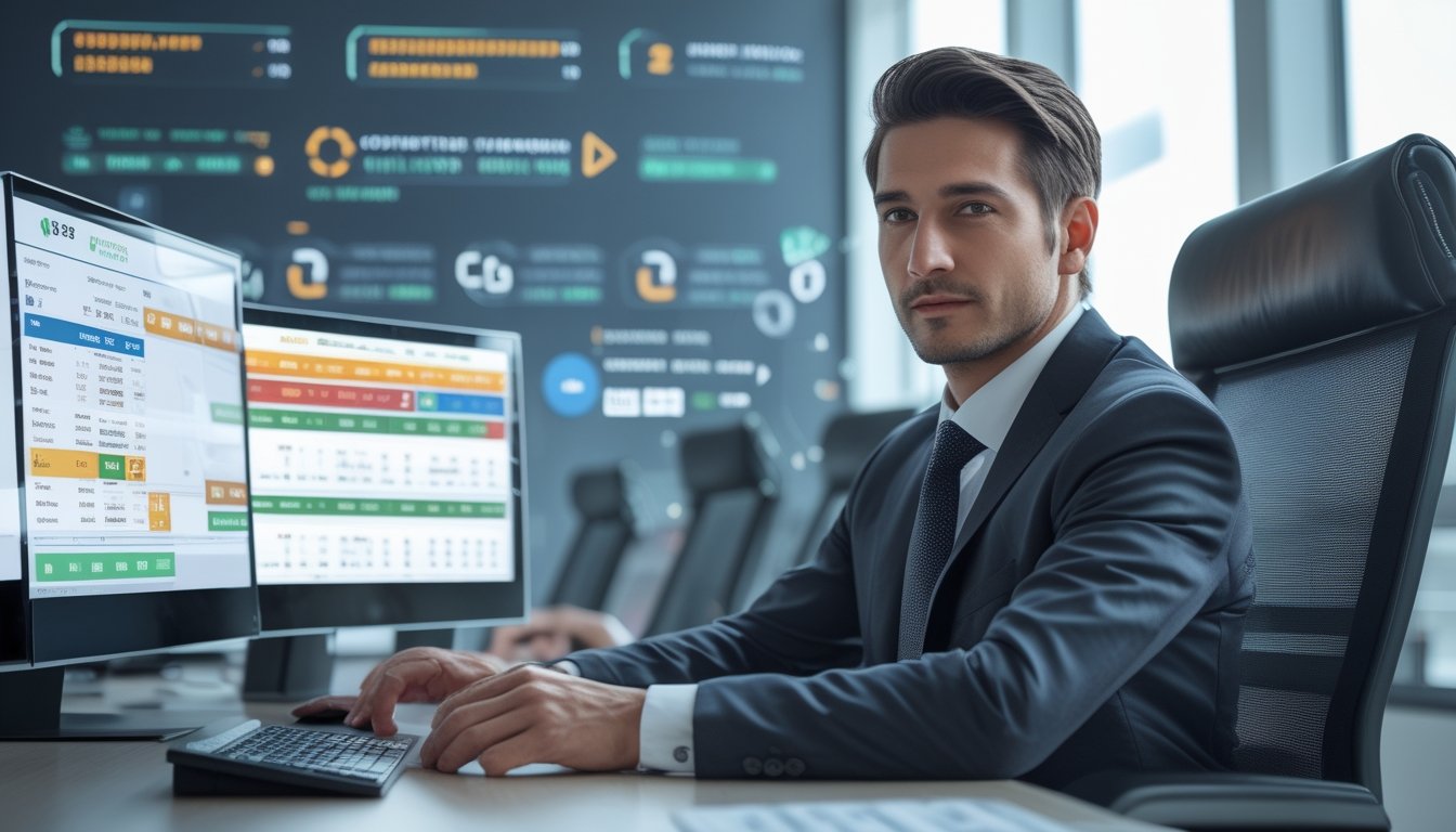 Seorang profesional duduk di meja kerja dengan beberapa layar komputer yang menampilkan data pasar togel dan angka taruhan.