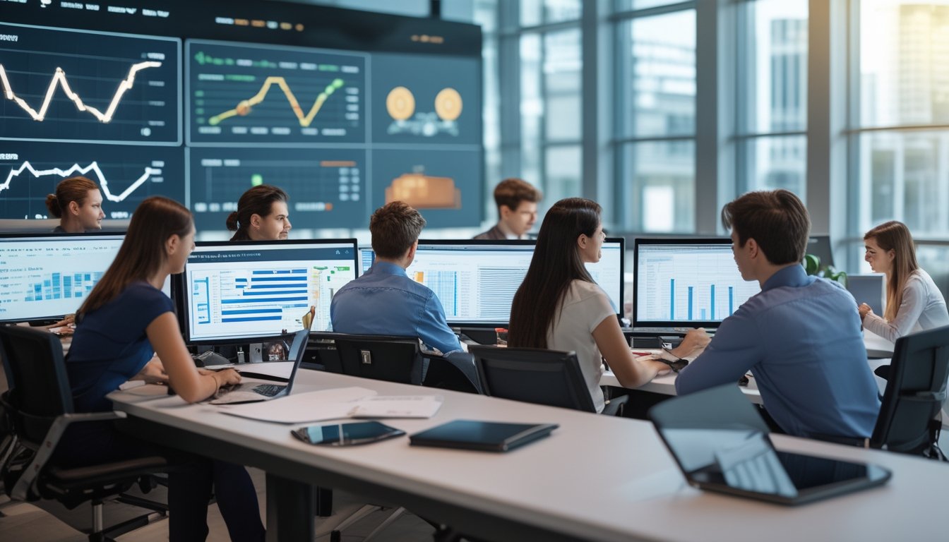 Sekelompok profesional muda sedang bekerja bersama di kantor modern dengan layar komputer yang menampilkan grafik dan data pasar togel.