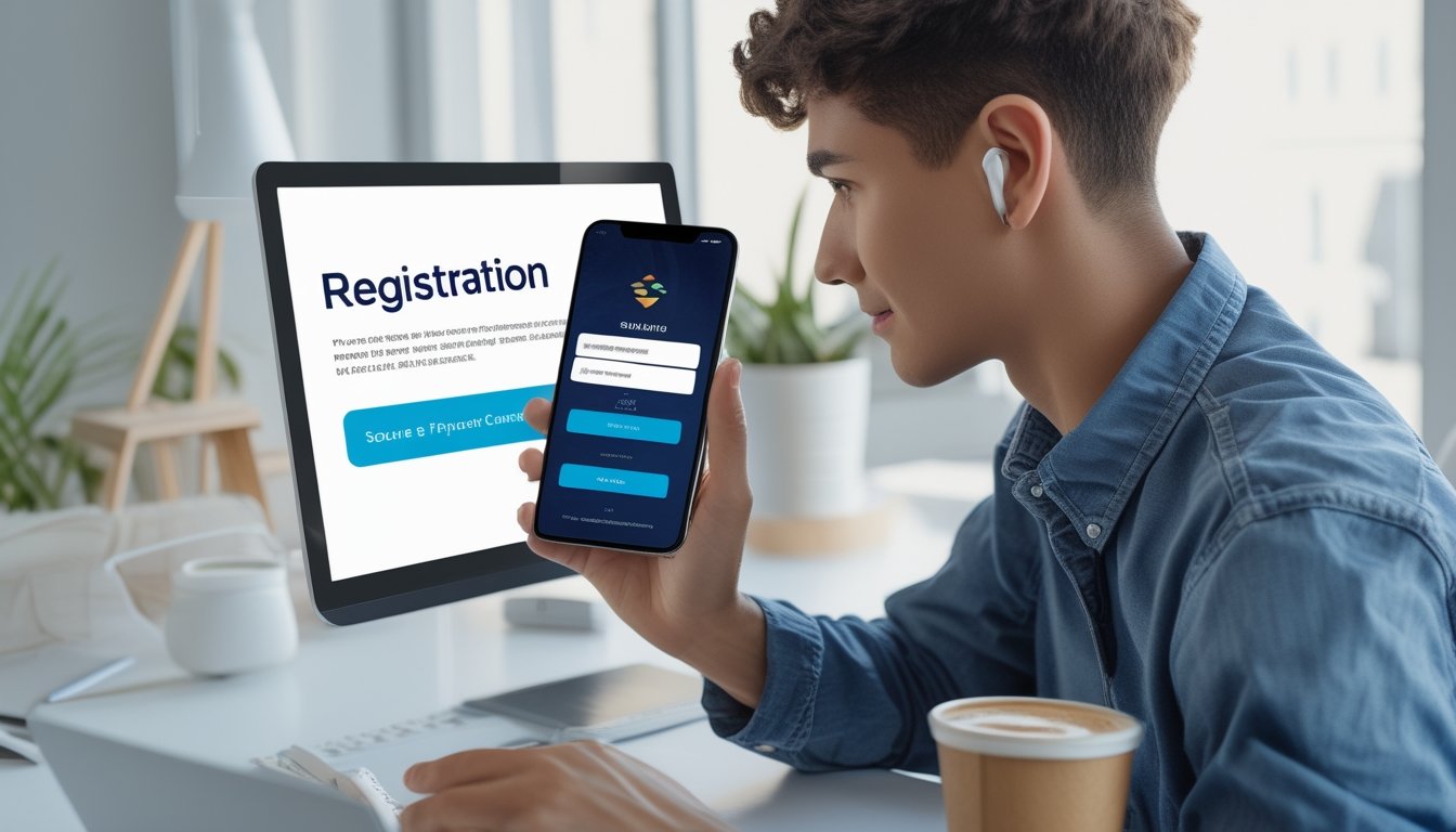 Seseorang sedang menggunakan ponsel pintar untuk mendaftar akun secara online dengan aplikasi dompet digital di lingkungan rumah atau kafe.