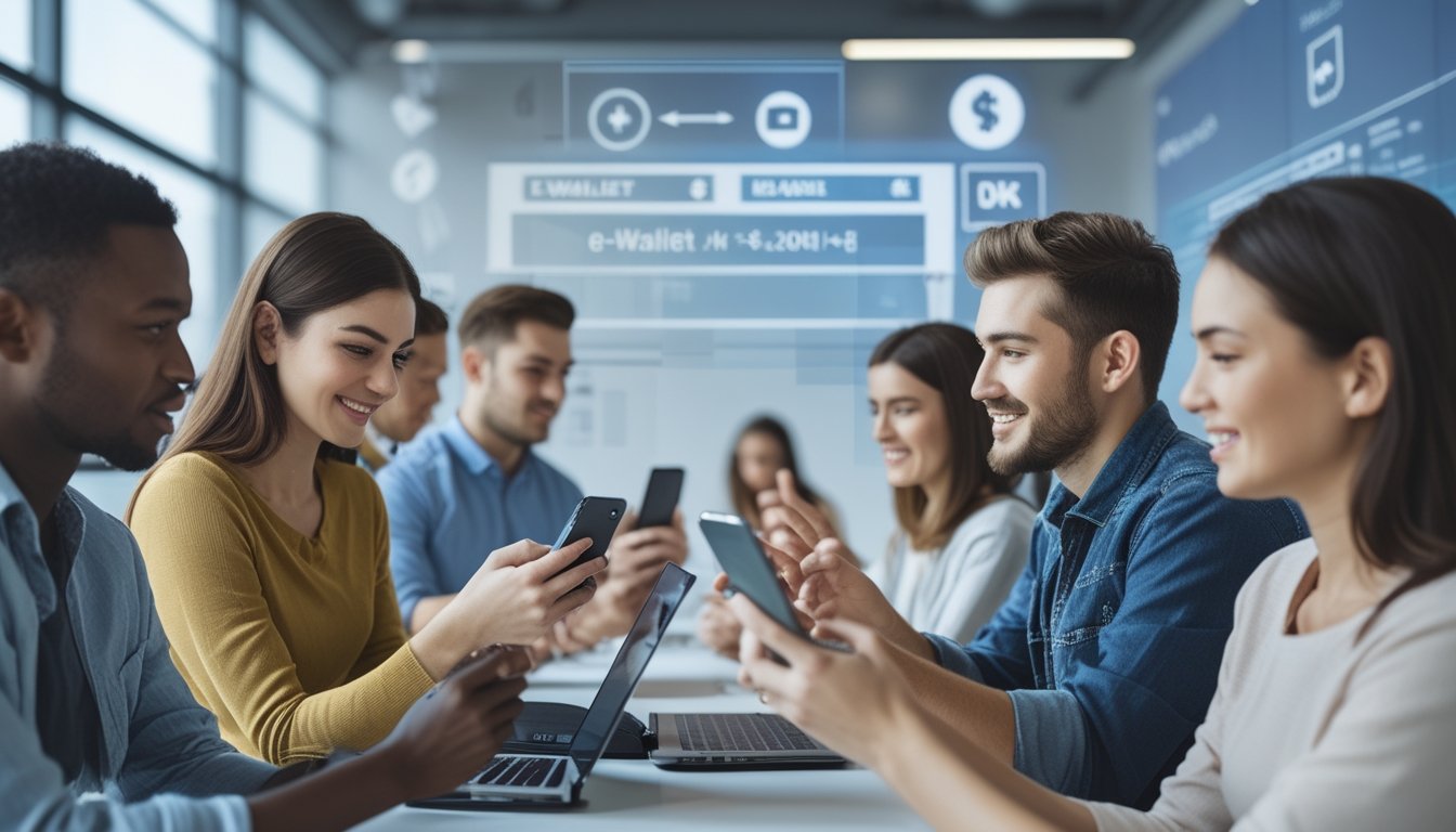 Beberapa orang muda menggunakan ponsel di ruang kerja modern untuk melakukan transaksi e-wallet.