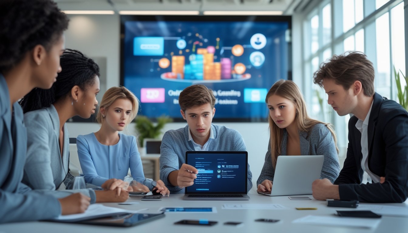 Sekelompok orang di kantor modern sedang berdiskusi serius di sekitar meja dengan laptop dan ponsel, fokus pada seorang pria muda yang menunjukkan layar laptop dengan ekspresi khawatir.