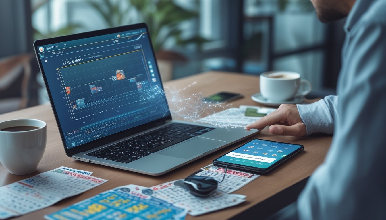 Seseorang menggunakan laptop dengan tampilan live draw togel, termasuk tiket togel dan ponsel di meja kerja.