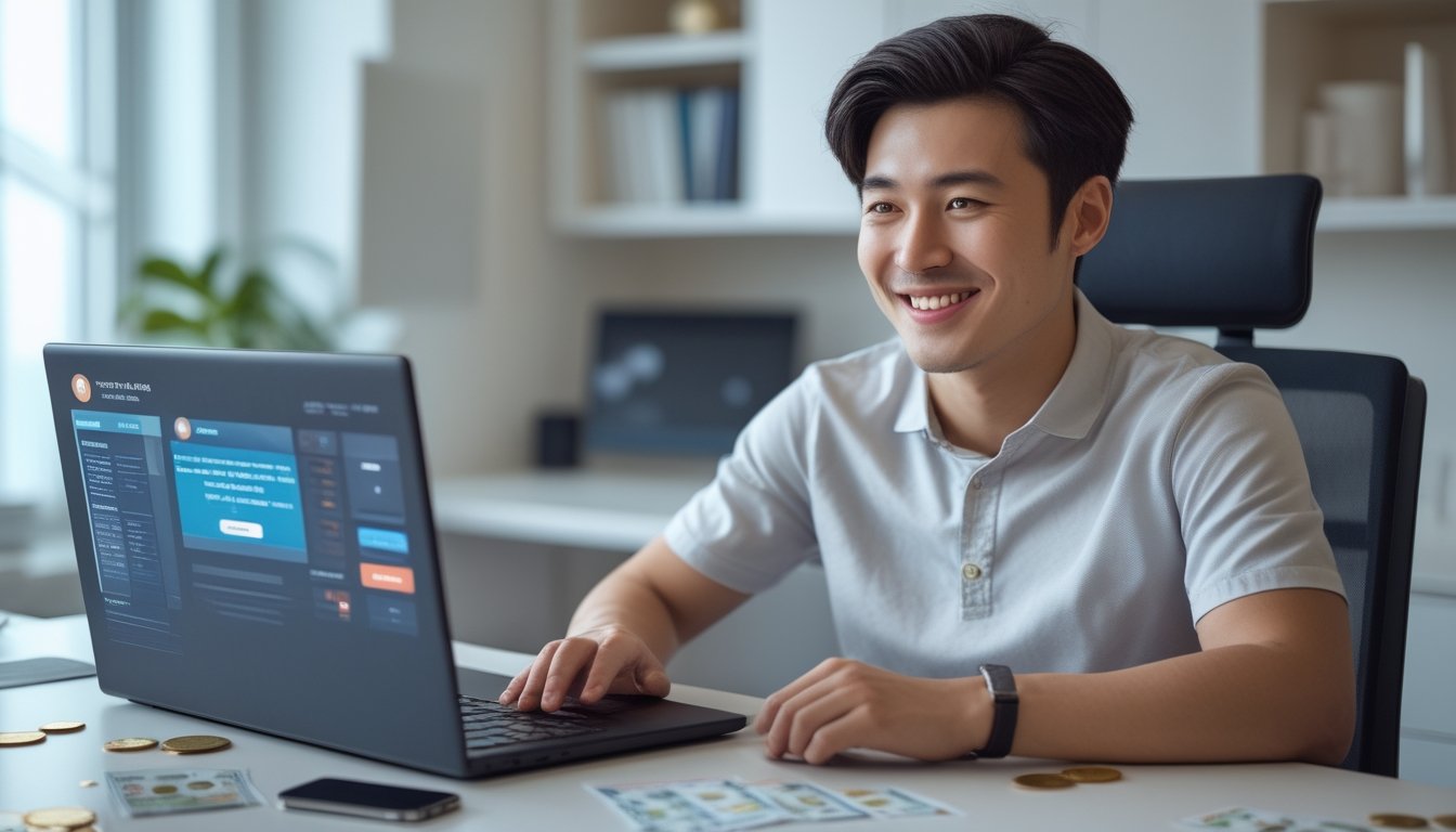 Seorang pria muda Asia duduk di meja dengan laptop, tersenyum di ruang kerja rumah yang terang dan rapi dengan elemen permainan dan keuangan di meja.