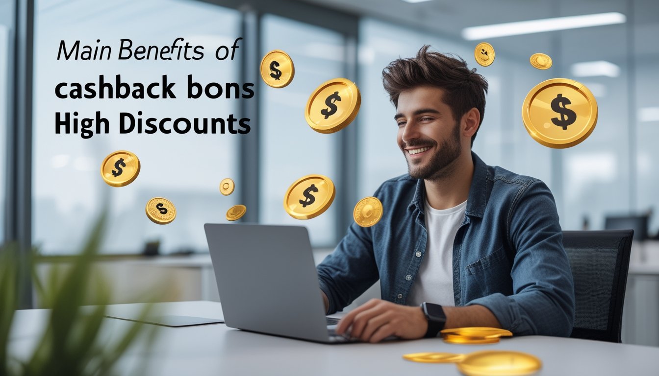 Seorang pria muda duduk di depan laptop dengan ekspresi gembira, dikelilingi oleh simbol koin digital dan ikon cashback, menunjukkan keuntungan dari bonus cashback dan diskon tinggi.