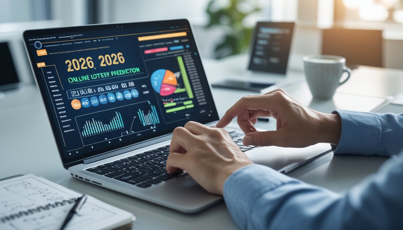 Seseorang sedang bekerja dengan laptop yang menampilkan grafik dan angka terkait prediksi togel online di sebuah meja kerja modern.