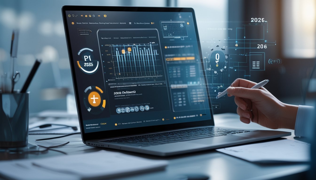 Seseorang sedang menganalisis data angka di depan laptop dengan grafik dan catatan di meja kerja.