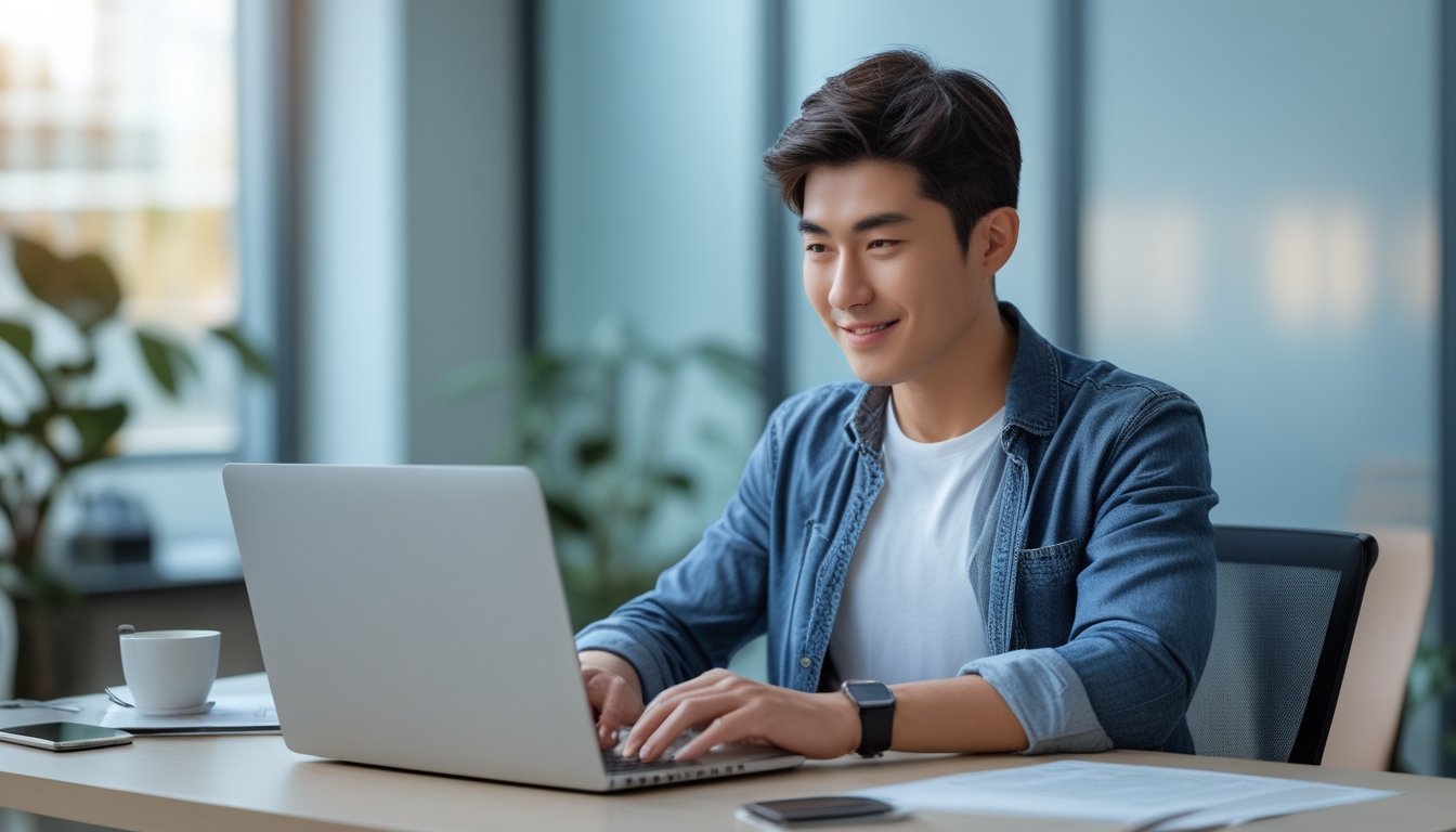 Seorang pria muda sedang menggunakan laptop di kantor modern dengan suasana terang dan rapi.