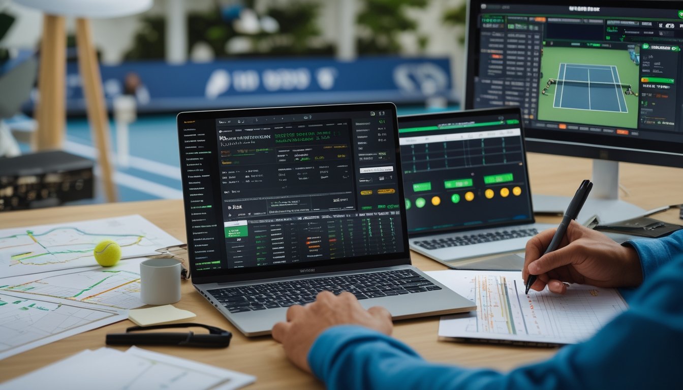 Meja kerja dengan laptop yang menampilkan statistik tenis dan peluang taruhan, tangan seseorang sedang mencatat, latar belakang menampilkan pertandingan tenis dengan data waktu nyata.