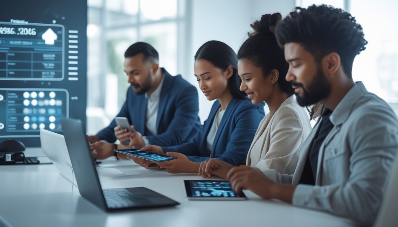 Beberapa orang yang menggunakan perangkat digital di lingkungan modern, terlihat antusias dan fokus pada aktivitas permainan atau lotere online.