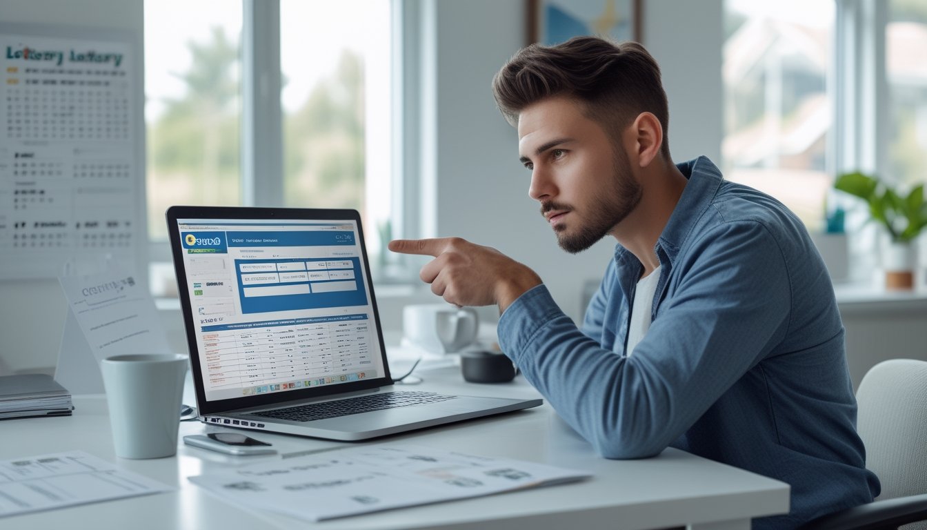 Seorang pria muda duduk di meja dengan laptop, sedang menganalisis data togel online di ruang kerja yang terang.