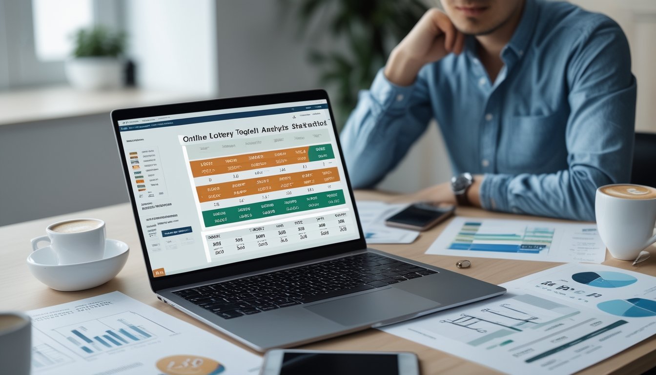 Seorang pria sedang menganalisis data togel online di depan laptop dengan grafik dan angka, di meja terdapat smartphone dan kopi.