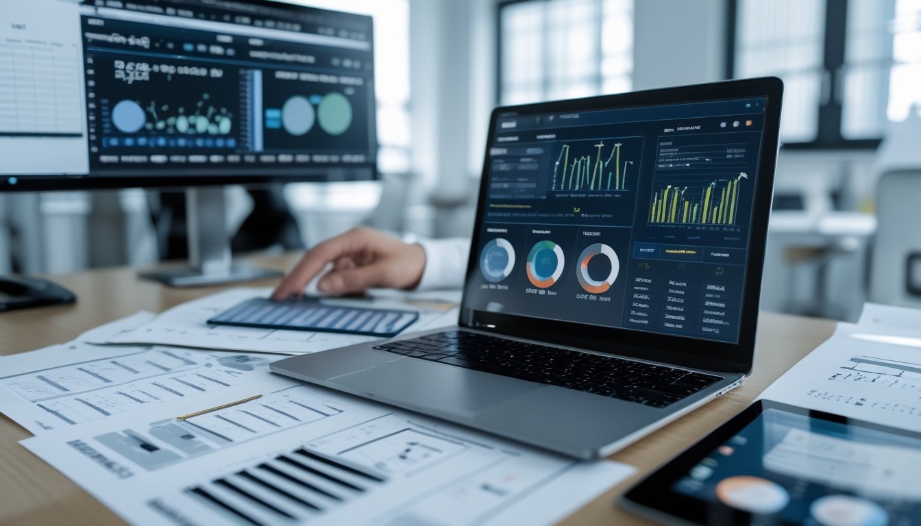 Seorang profesional sedang menganalisis data keluaran togel terbaru di meja kerja dengan laptop dan perangkat digital lainnya di kantor yang terang dan rapi.
