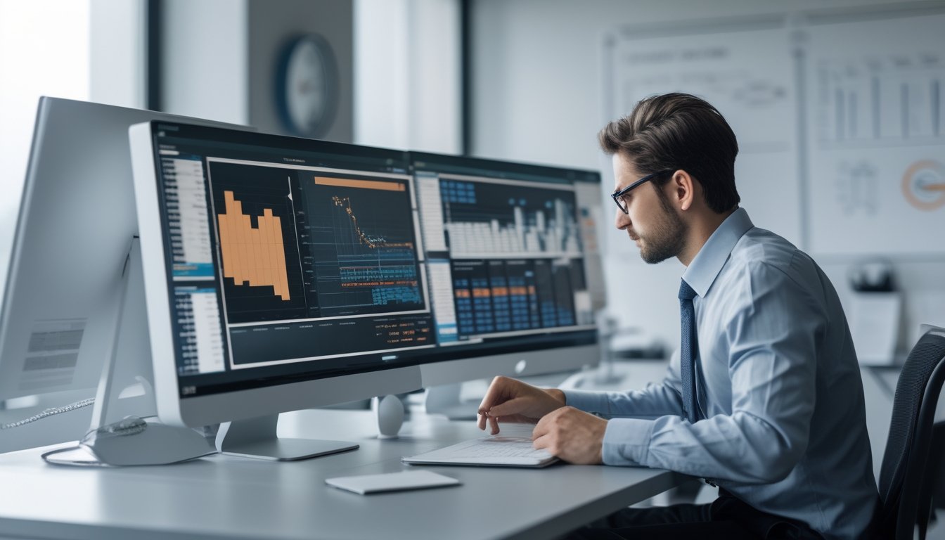 Seorang profesional sedang menganalisis data keluaran togel online di meja kerja dengan beberapa monitor yang menampilkan grafik dan angka.