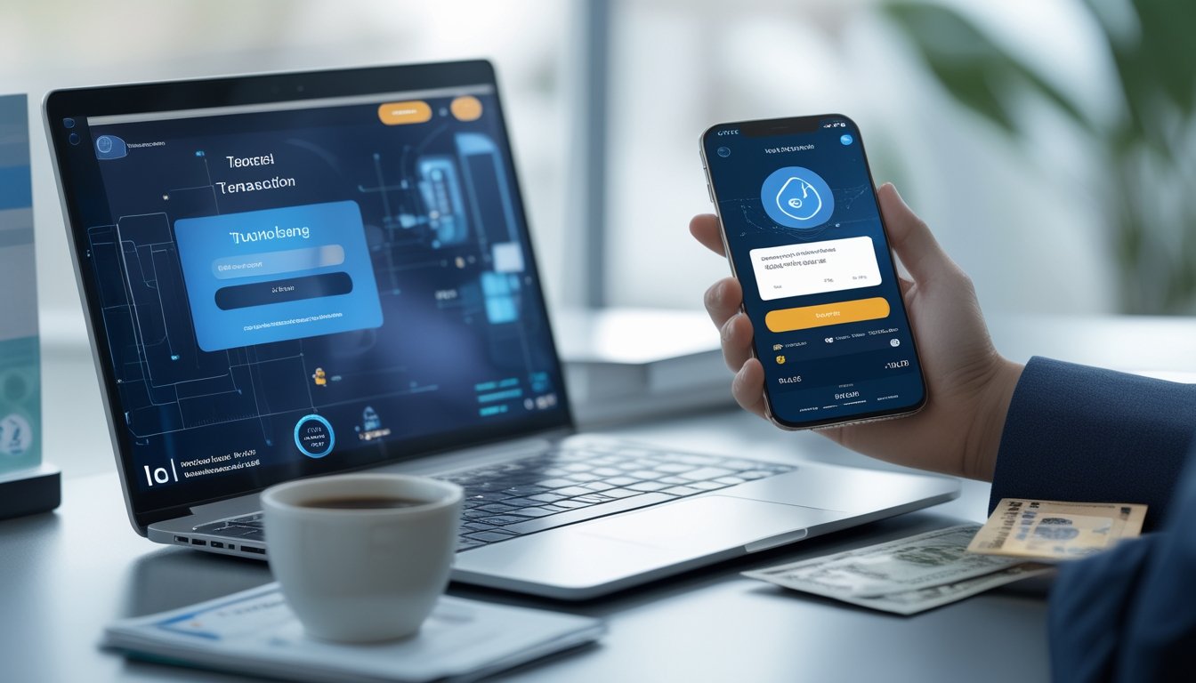 Seseorang menggunakan ponsel dan laptop di meja kerja untuk melakukan transaksi deposit online dengan e-wallet dan bank lokal.