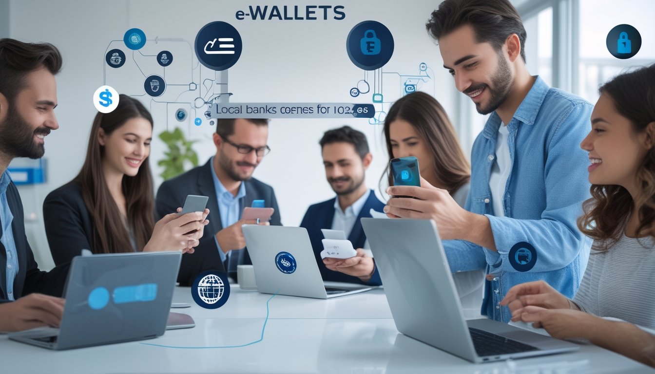 Orang-orang menggunakan ponsel dan laptop untuk melakukan transaksi keuangan digital dengan aplikasi e-wallet dan bank lokal.